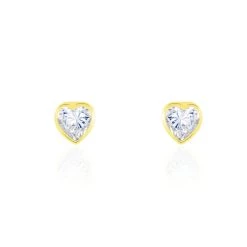 Boucles D'oreilles Puces Coeur Serti Clos Or Jaune Oxyde De Zirconium